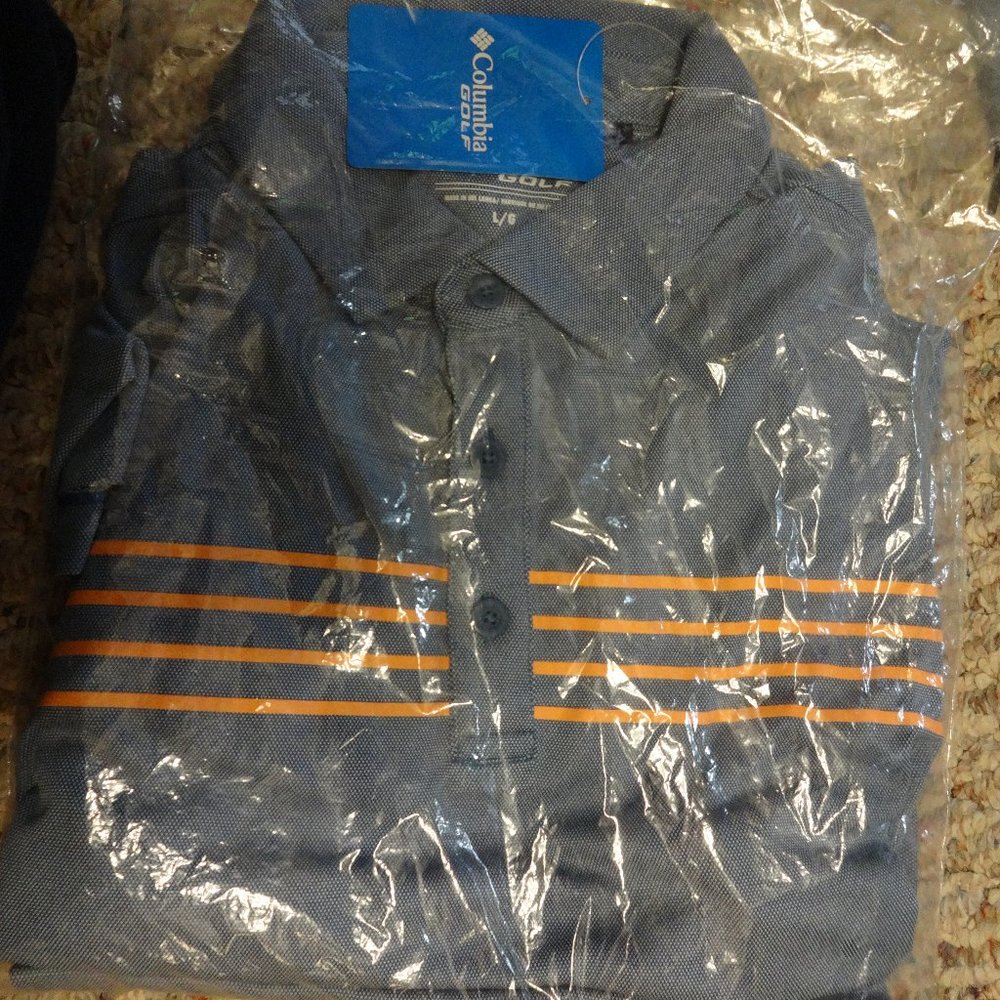 columbia golf mens polo shirt blue orange stripe size large